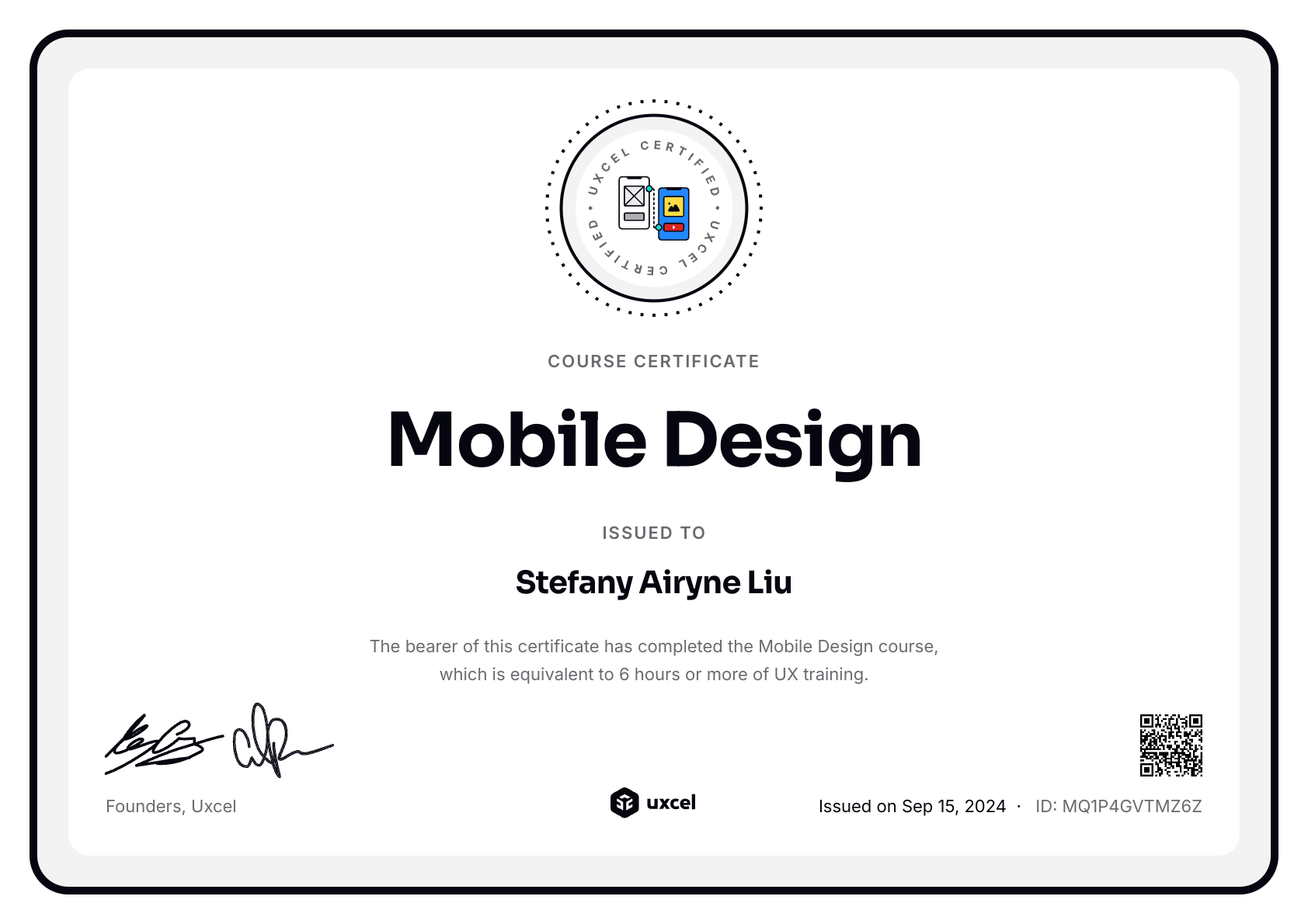 Stefany Airyne Liu's certificate